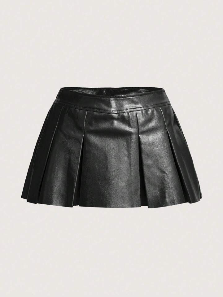 SHEIN X Antonella SHEIN ICON Solid PU Leather Pleated Skirt | SHEIN