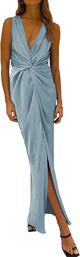 PRETTYGARDEN Women's Satin Ruched Bodycon Dress Summer 2023 Twist Front V Neck Sleeveless Split M... | Amazon (US)