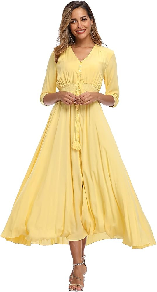 VintageClothing Women's Floral Maxi Dresses with Sleeves Flowy Boho Beach Dress | Amazon (US)