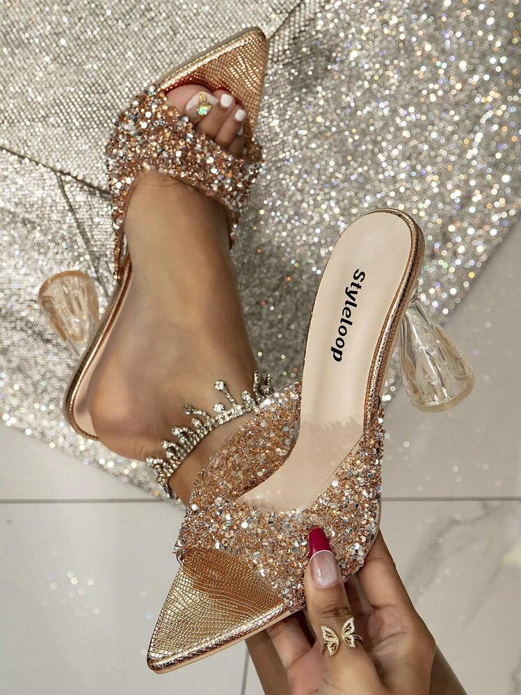 Crystal-Decorated High Heel Slippers For Women With Unique Heel Shape Spring Shoes Spring Break Easter | SHEIN