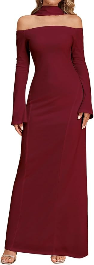 Elegant Off Shoulder Maxi Dress Long Sleeve with Attached Scarf Formal Evening Gown Flare Hem Par... | Amazon (US)