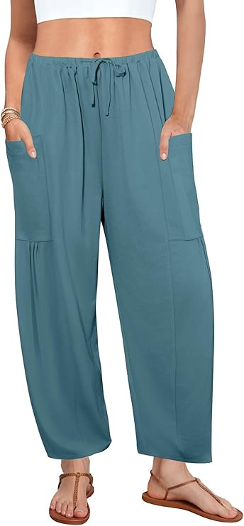 DLOODA Flowy Wide Leg Pants for Women, Drawstring Palazzo Harem Pants Casual Beach Vacation Trous... | Amazon (US)