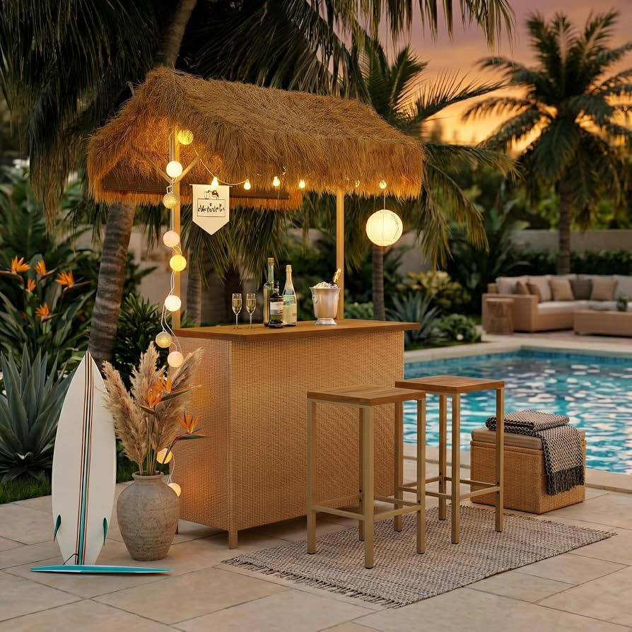 LUMISOL Outdoor Bar Table and Stools, Hawaiian Style Bar Height Patio Set with PE Grass Canopy, A... | Amazon (US)