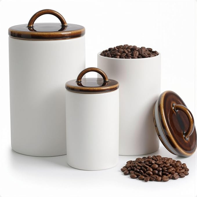 Ceramic Kitchen Canisters for Countertop Set of 3 w/ Airtight Ceramic Lids | Amazon (US)