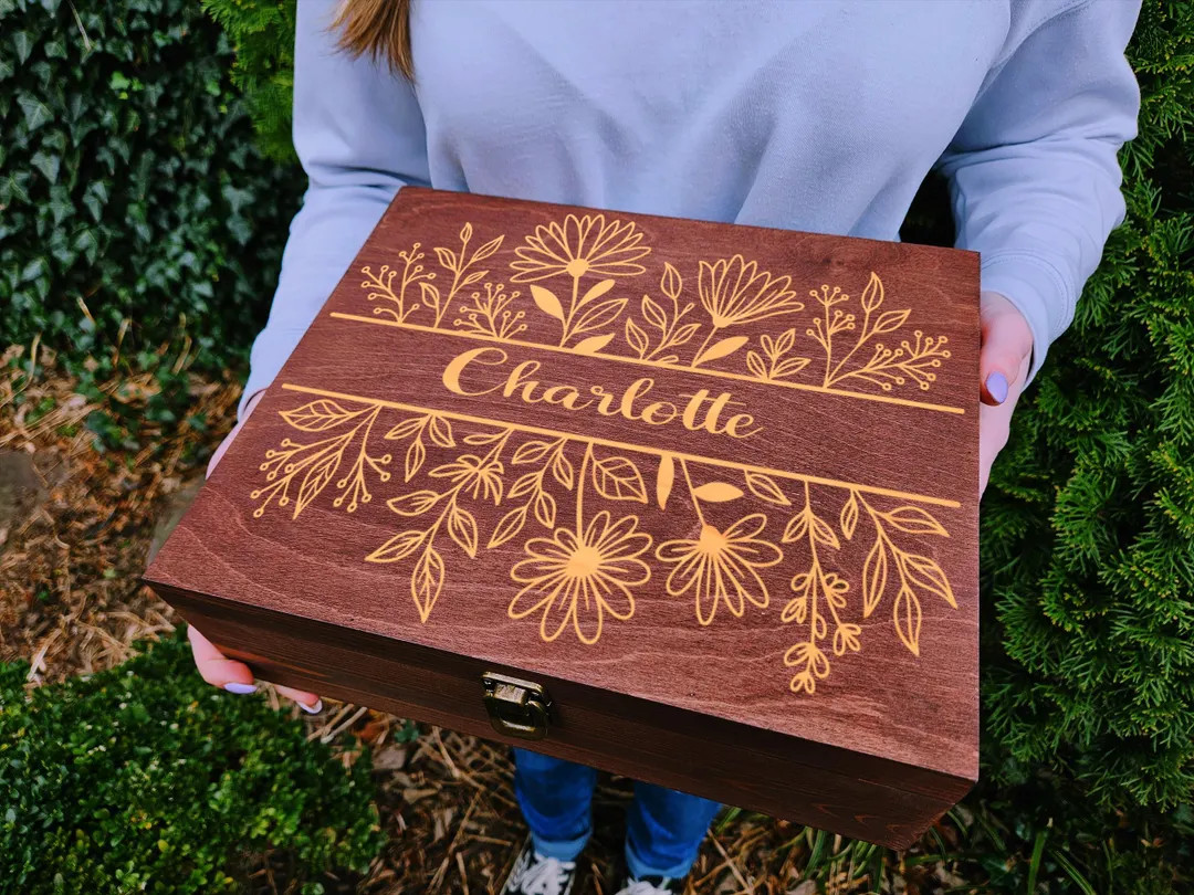 Personalized Floral Engraved Wooden Keepsake Box, Custom Name Gift - Etsy | Etsy (US)