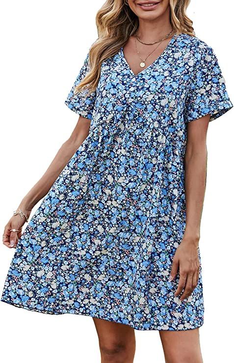 PRETTYGARDEN Summer Dress for Women Short Sleeve V Neck Ruffled Floral Swing A-Line Dresses | Amazon (US)