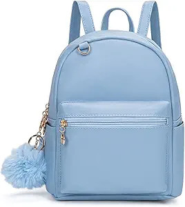 Cute 10 Inch Mini PU Backpack with D-Ring & Removable Fluffy Ball Charm for Teens & Women (blue) | Amazon (US)