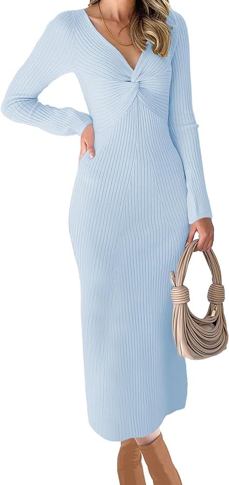 RAISECOM Womens Ribbed Knit Maxi Dresses Long Sleeve V Neck Casual Sweater Dress Bodycon Midi Dre... | Amazon (US)