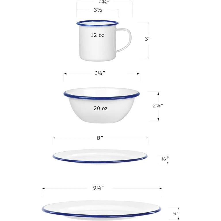 Enamelware Plates and Bowls Set + Solid White with Navy Blue Rim - Hot Deal Dining Set - Practica... | Walmart (US)