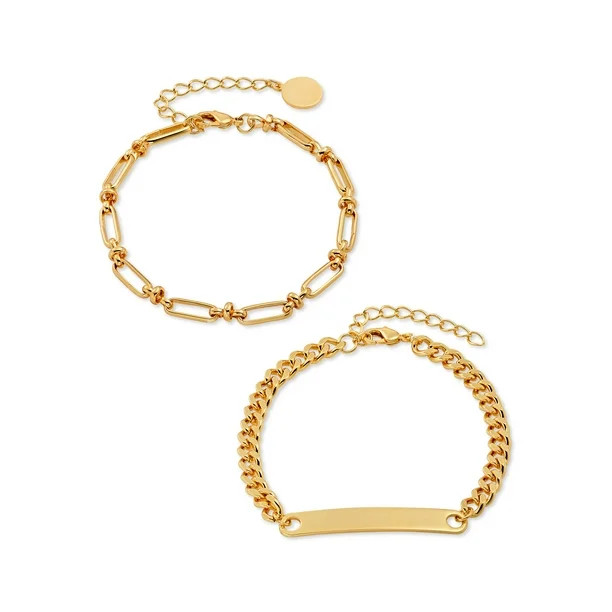 Scoop Womens Brass Yellow Gold-Plated Link and Curb Chain ID Bracelets, 2-Piece Set | Walmart (US)