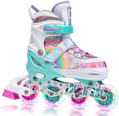SULIFEEL Rainbow Unicorn Inline Skates for Girls Boys 4 Size Adjustable Light up Wheels Roller Blade | Amazon (US)