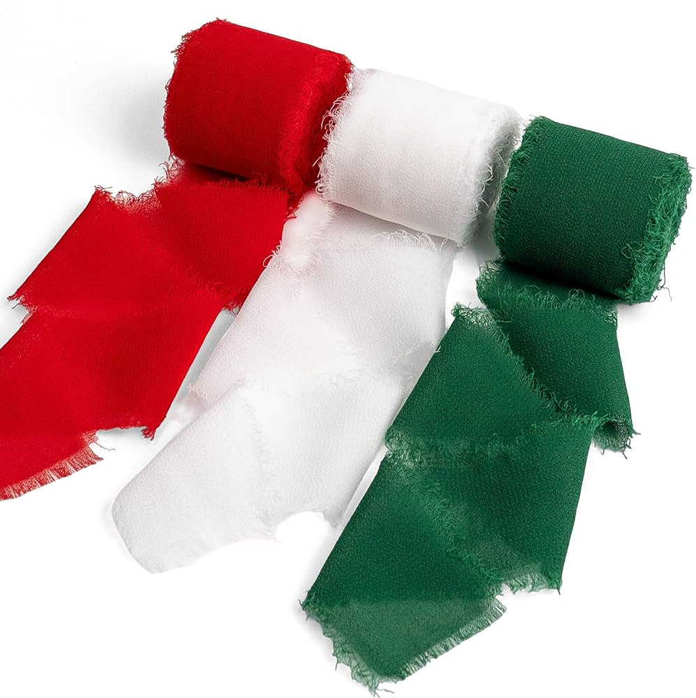 Christmas Ribbon, Red Green White Silk Chiffon 1-1/2''x21Yd Handmade Frayed Fringe Ribbon for Gif... | Amazon (US)