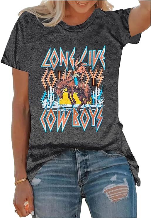 Long Live Cowboys Shirts for Women Western Vintage Graphic Tees Funny Letter Print Country Music ... | Amazon (US)
