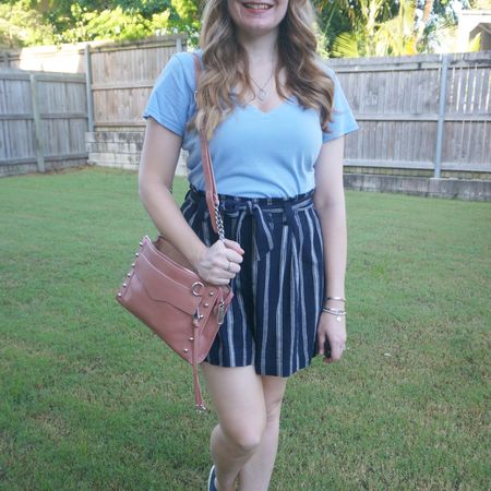 Blue and pink with this pastel blue tee, navy stripe linen belted shorts and my little pale pink Rebecca Minkoff studded MAB crossbody bag 💙💕

#LTKaustralia #LTKitbag
