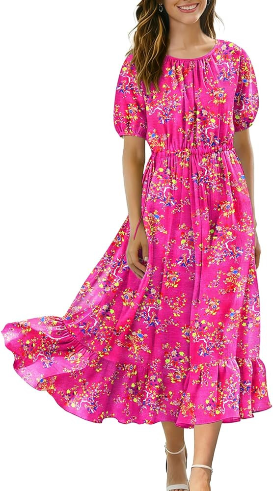 YESNO Women's Summer Floral Maxi Dresses Boho Puff Sleeve Casual Drawstring Ruffle Tiered Hem Bea... | Amazon (US)