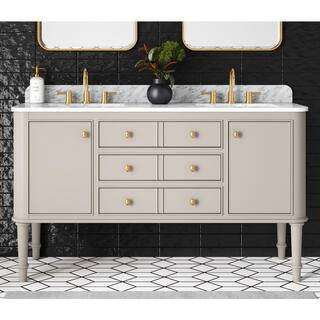 Collette 60 in. Double Sink Greige Bath Vanity with White Carrara Marble Top (Assembled) | The Home Depot