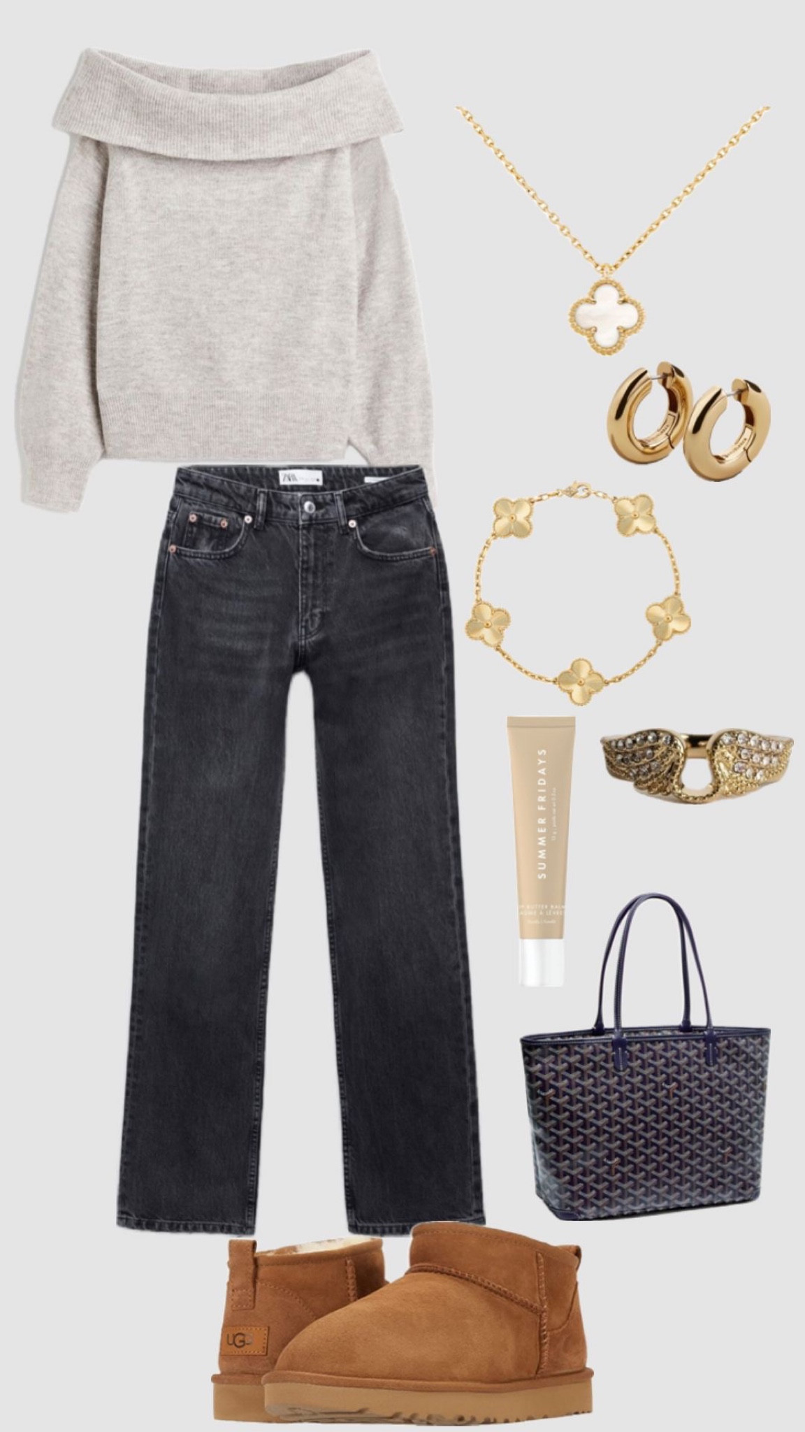 Abercrombie jeans | off shoulder sweater | black jeans | van cleef dupes | summer fridays lip | purse | tote bag | mini uggs | winter outfit inspo | Christmas outfit inspo | cute outfit inspo

#LTKSeasonal #LTKGiftGuide #LTKfindsunder50