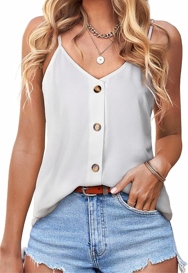 BLENCOT Women Button Down Tank Tops Loose Casual V Neck Strappy Summer Sleeveless Shirts Blouses ... | Amazon (US)