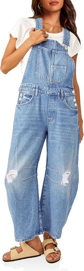 PLNOTME Womens Denim Bib Overalls Barrel Leg Adjustable Strap Jean Pants Jumpsuits with Pockets | Amazon (US)