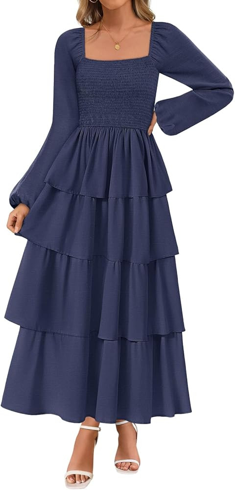 MEROKEETY Women's Summer Fall Long Sleeve Ruffle Tiered Dress 2025 Flowy Layered Square Neck Smoc... | Amazon (US)