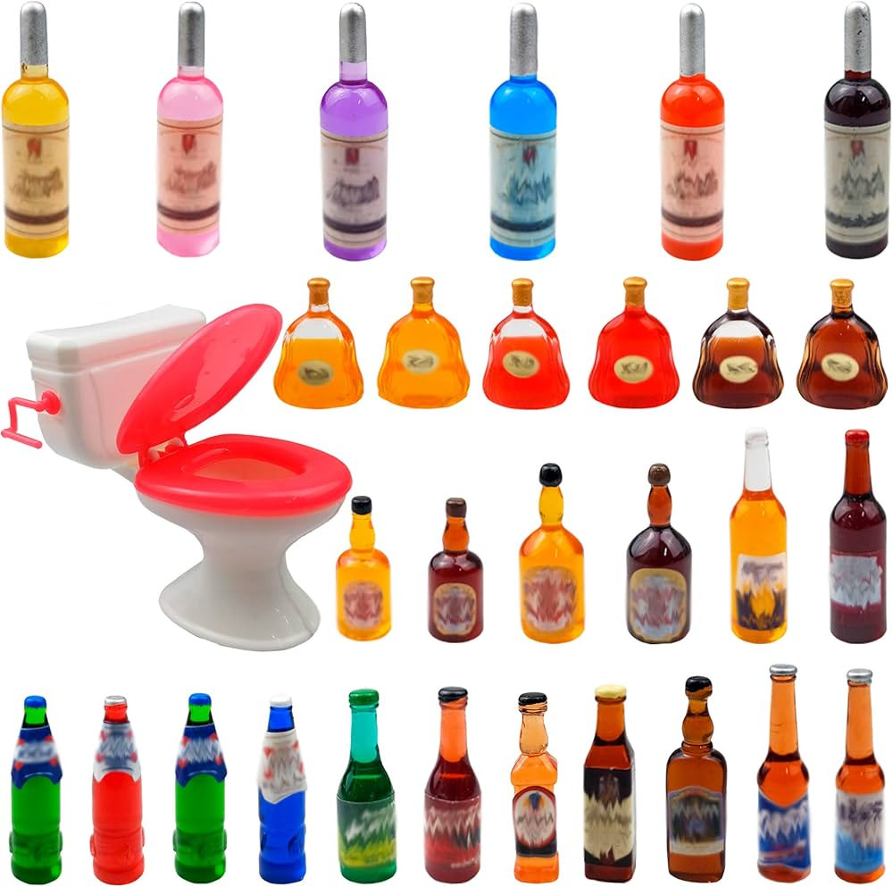 30 PCS 29 Styles Mini Wine Bottles Cake Toppers with 1 Plastic Miniature Toilet Toy Funny Dollhou... | Amazon (US)