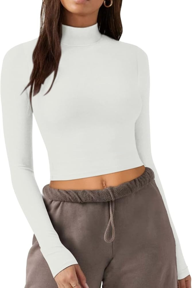 REORIA Women's Cute Mock Turtleneck Long Sleeve Ribbed Tight Tshirts Crop Tops | Amazon (US)