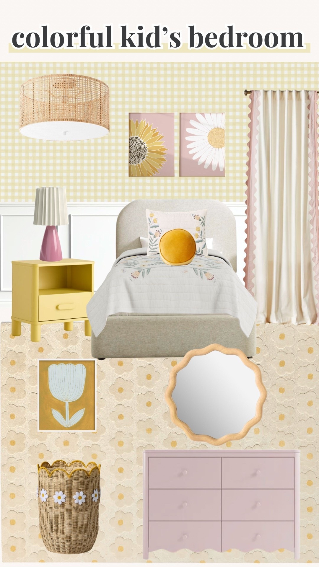 Colorful kids room, girls, yellow, pink, flower, eclectic, curtain picks, pillow, mirror, rug, lamp, wall art, ceiling lighting 

#LTKStyleTip #LTKHome #LTKKids