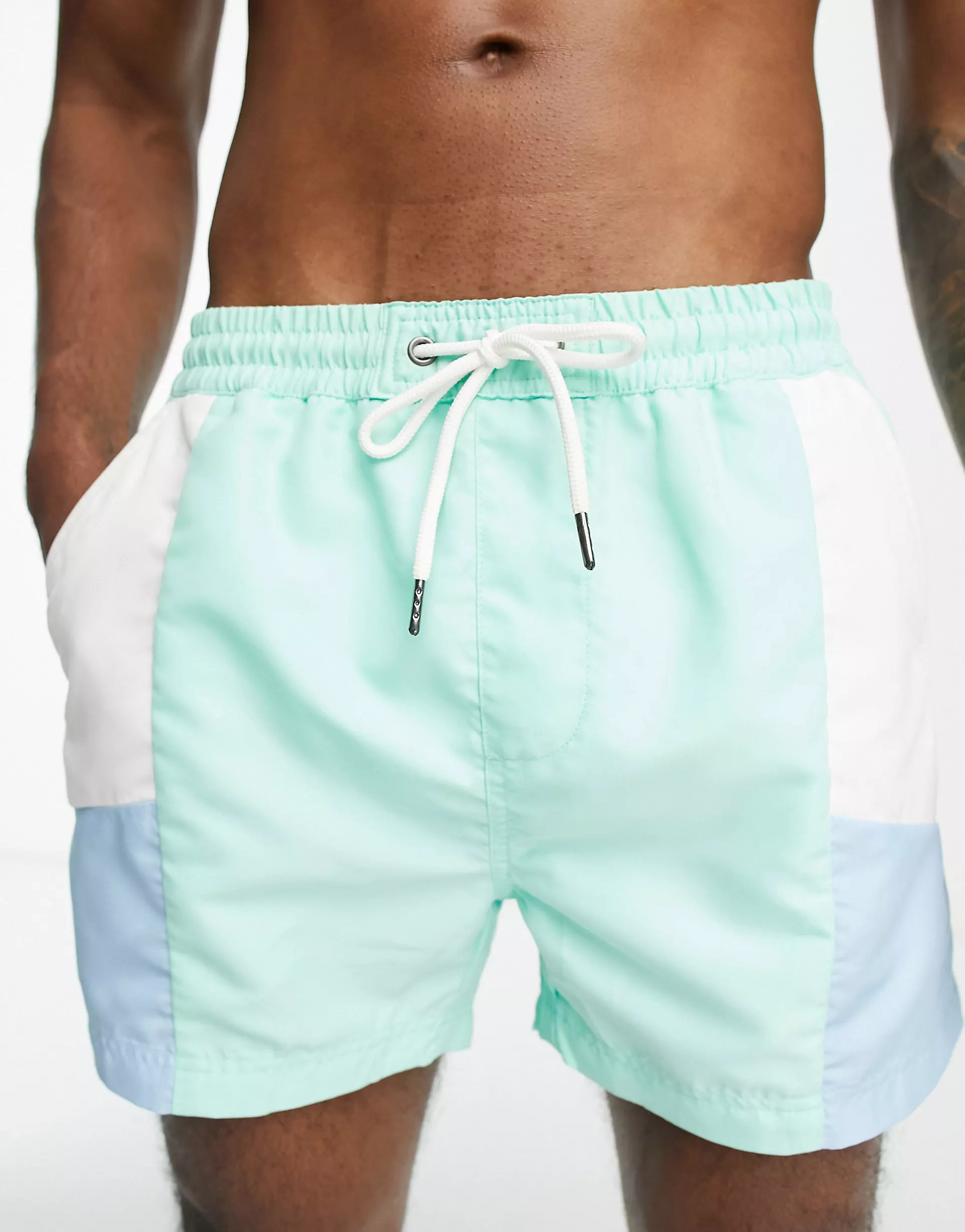 Another Influence color block swim shorts in aqua, blue and white | ASOS (Global)