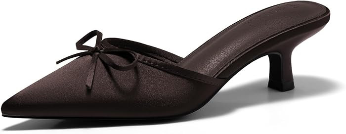 Coutgo Womens Kitten Heels Mules with Bow Satin Slip on Pumps Closed Pointed Toe Dress Wedding Party Shoes | Amazon (US)