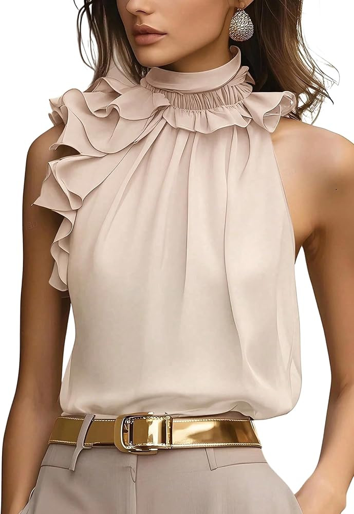 SOLY HUX Women's Elegant Blouse Ruffle Trim Sleeveless Mock Neck Halter Tank Top Office Outfit | Amazon (US)