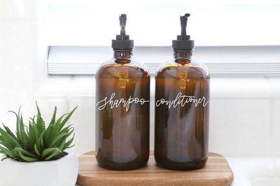 SHAMPOO + CONDITIONER | calligraphy amber soap dispenser set | farmhouse bathroom | modern bathro... | Etsy (CAD)