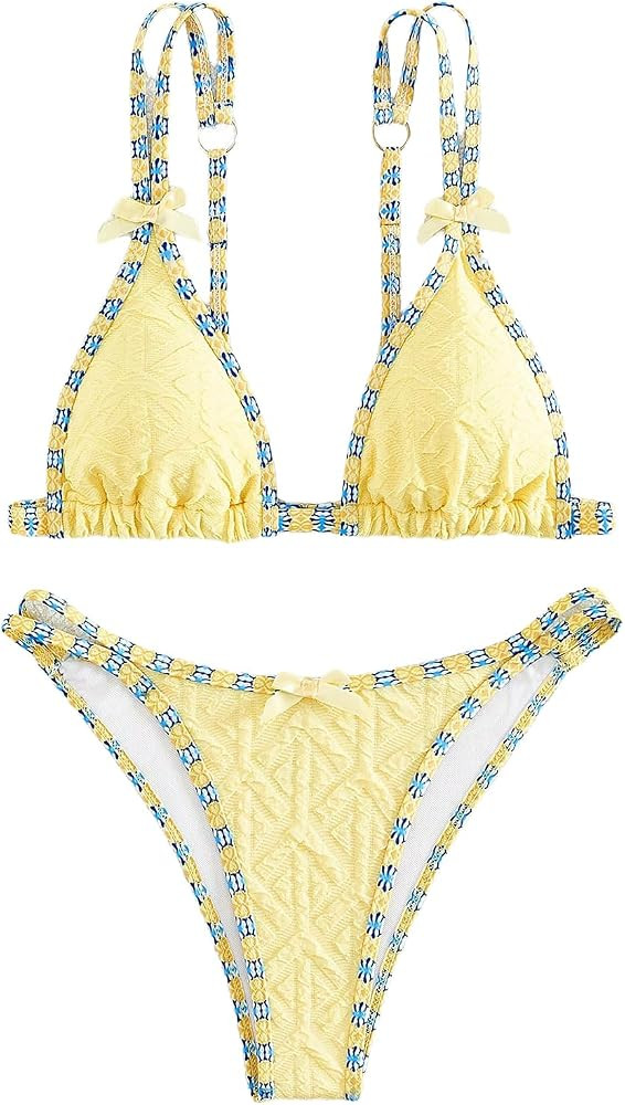 SOLY HUX Bathing Suit for Women Bow Triangle Bikini Set Textured Cute Two Piece Swimsuit | Amazon (US)