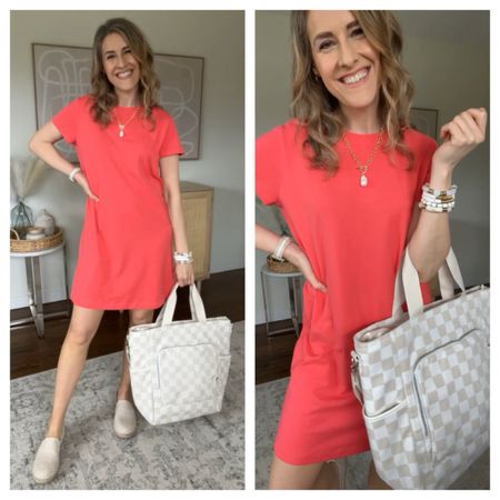 My smile says it all, I’m in love with this coral tshirt dress and this new cooler bag! Excited for summer and all the fun outdoor activities! Dress fits true to size. Espadrilles are comfy and fit tts. #walmartfashion 

#LTKover40 #LTKfindsunder50 #LTKfindsunder100