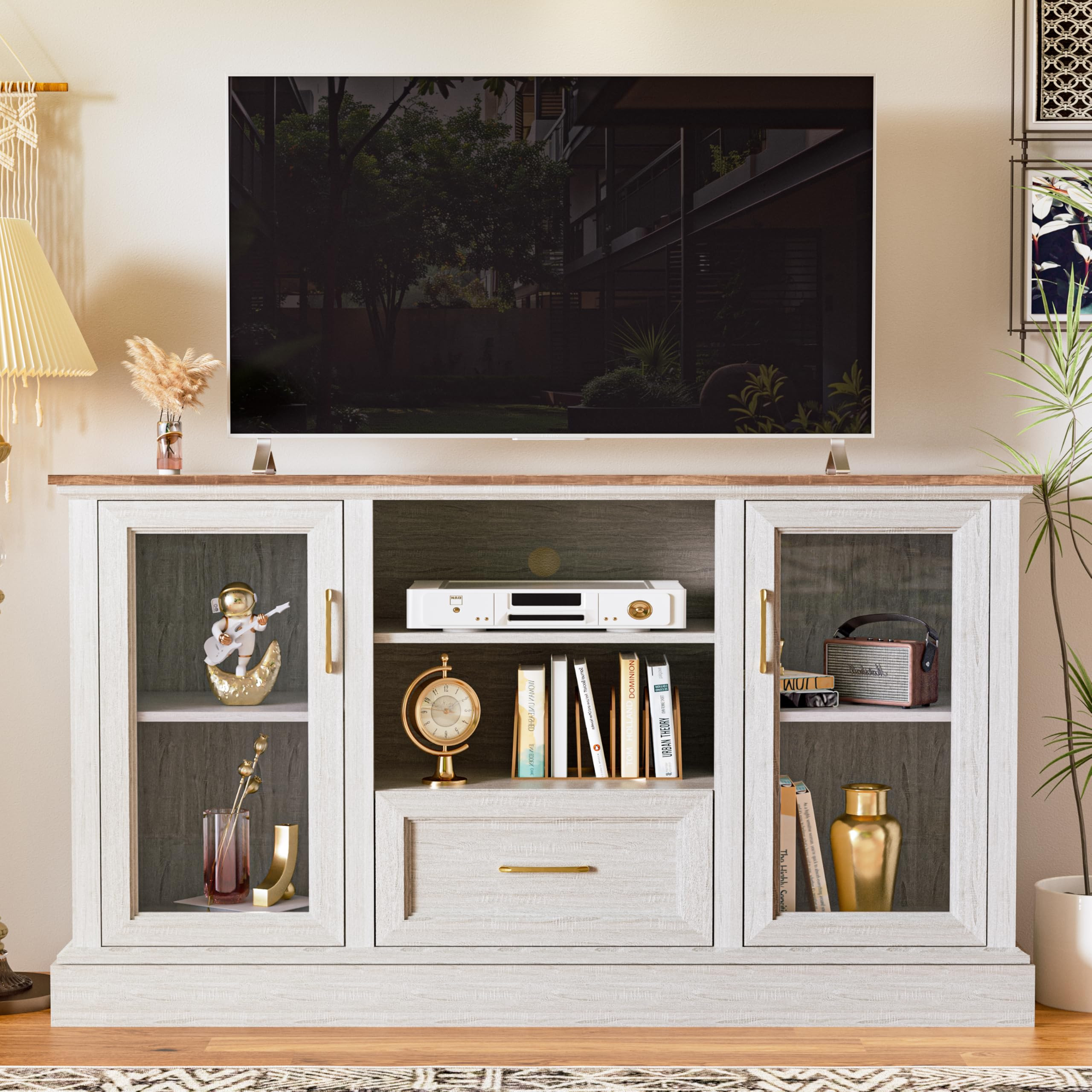 Farmhouse TV Stand for 55/60/65 Inch TV, Tall Media Console with 2 Glass Doors & 3 Adjustable She... | Amazon (US)