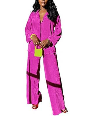 ARTFREE Womens Loungewear Set 2 Pieces Pleated Outfits Sweatsuits Casual Long Sleeve Button Down ... | Amazon (US)