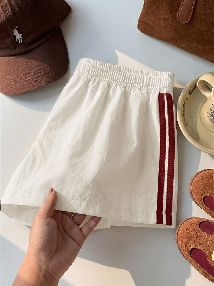 Comfortcana Women's Elastic Waist Striped Loose Shorts, Suitable For Spring, Summer, Christmas, New Year, Casual Outdoor Sports, Y2K Apricot Shorts Cream Shorts Women Summer Shorts Stripe Shorts Casual Shorts Shorts For Women | SHEIN