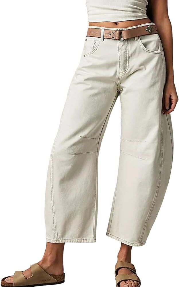 Barrel Jeans for Women Balloon Horseshoe Jeans Mid Rise Wide Leg Cropped Raw Hem Vintage Boyfrien... | Amazon (US)