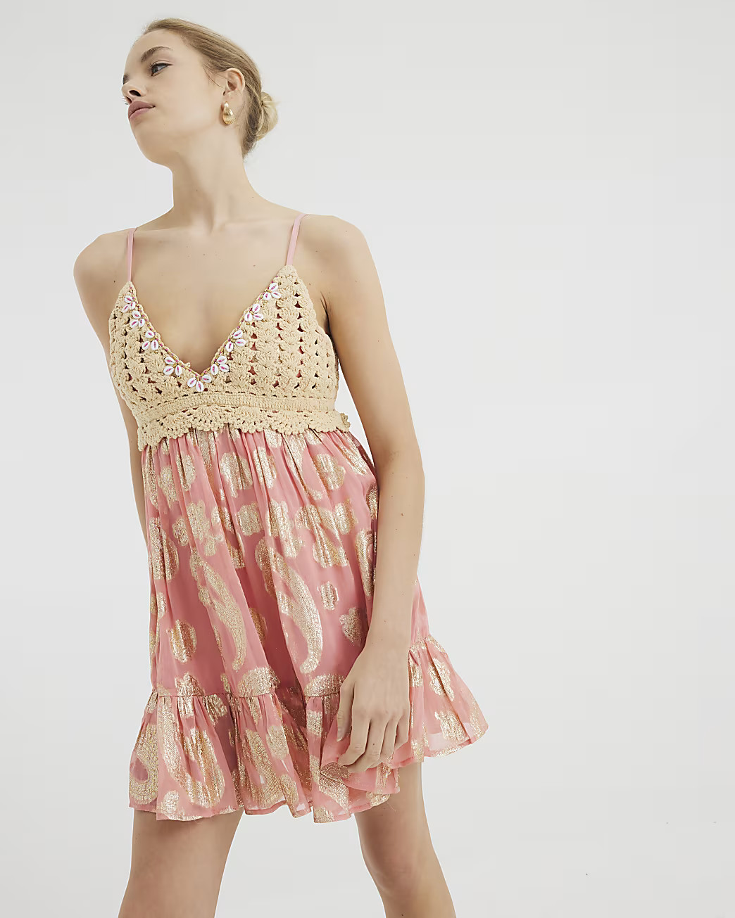 Pink Crochet Mix Printed Mini Beach Dress | River Island UK & IE