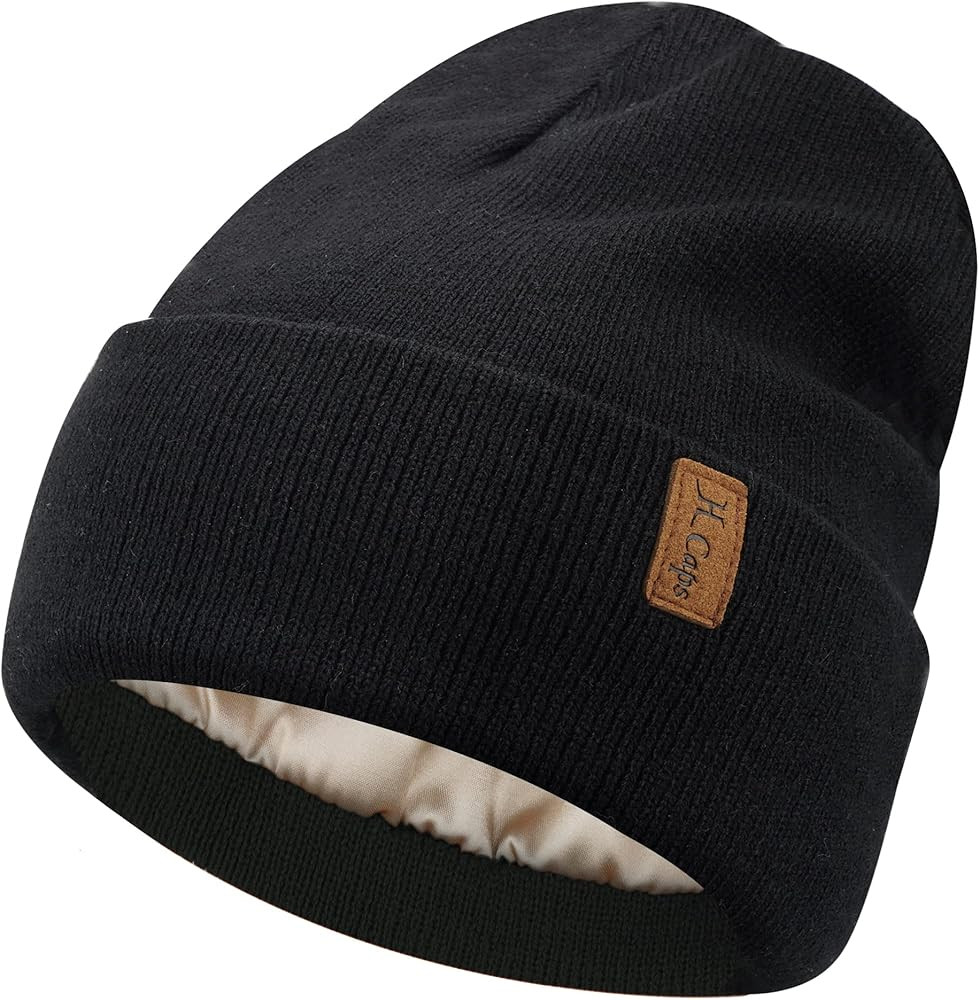 Womens Winter Warm Satin Lined Knit Beanie Hat Slouchy Skull Caps Silk Lining Ski Hats for Women ... | Amazon (US)