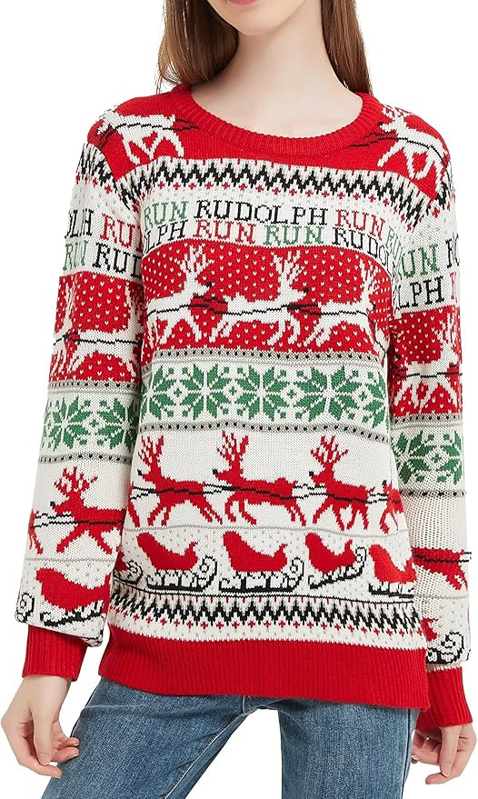 Women's Christmas Reindeer Traditional Knitted Holiday Ugly Sweater Girl Pullover Cardigan | Amazon (US)