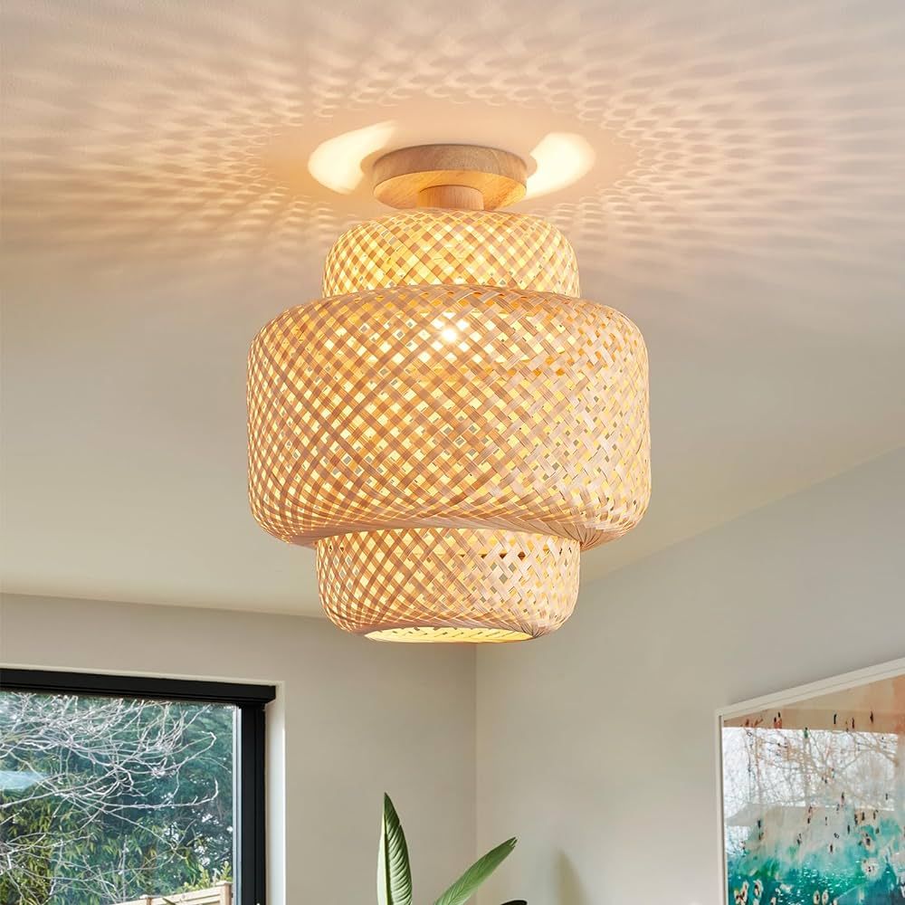 ZXFGNF Hand-Woven Bamboo Lamp Shade Light Fixture Ceiling, Rattan Light Fixture, Handwoven Boho B... | Amazon (US)