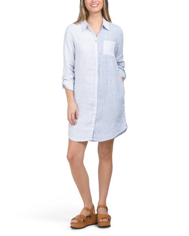 Linen Long Sleeve Roll Tab Shirt Dress With Twin Pajama Stripes  | Marshalls