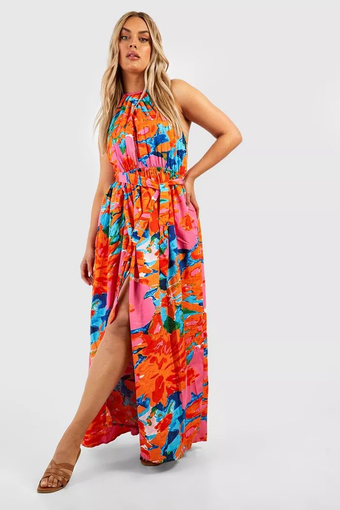 Plus Floral Halter Maxi Dress | boohoo (US & Canada)