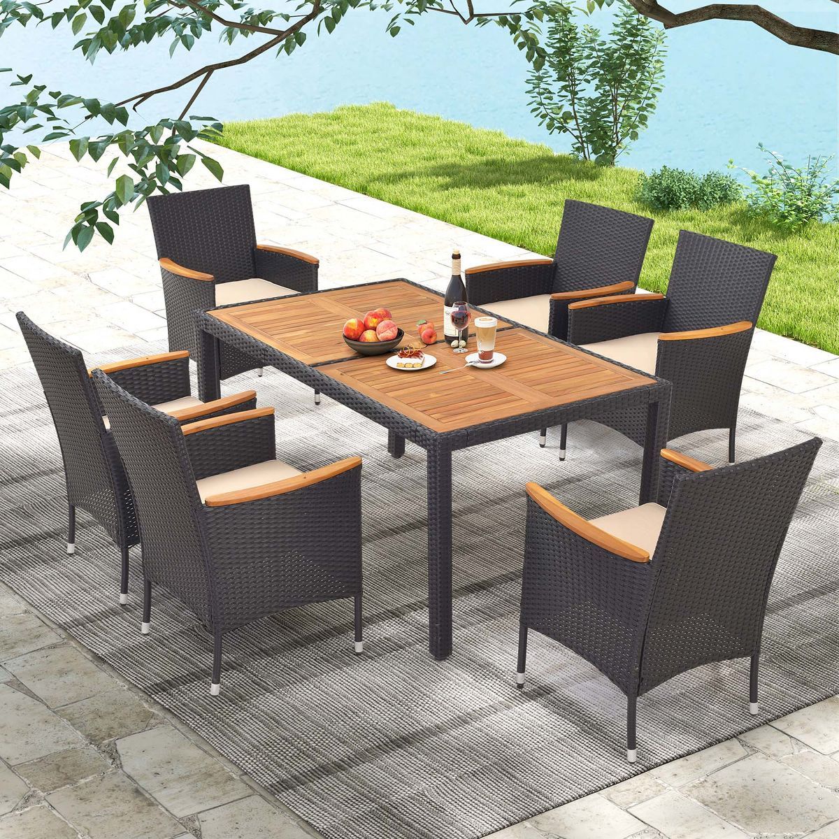 Costway 7 PCS Outdoor Dining Set for 6 with Umbrella Hole Acacia Wood Tabletop Poolside Brown & N... | Target