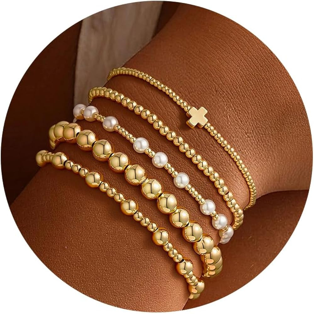 M MOOHAM 14K-Gold-Plated Beaded Bracelets for Women - Dainty Beaded Pearl Bracelet Set Stack for ... | Amazon (US)