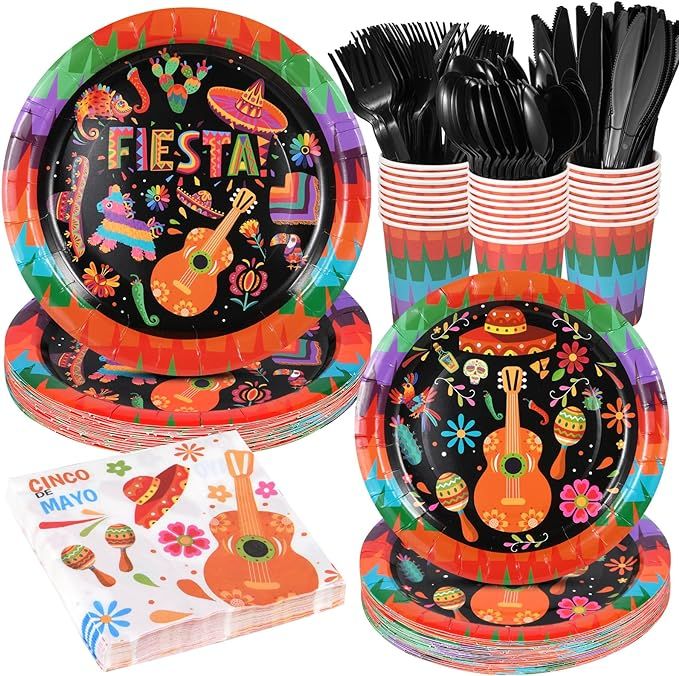 182 Pcs Let's Fiesta Dinnerware Set for Cinco De Mayo Party Supplies，Mexican Fiesta Party Decor... | Amazon (US)