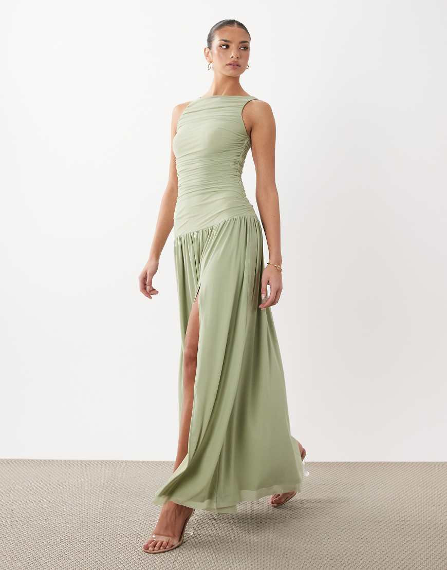 Rare London premium slinky mesh sleeveless ruched split front maxi dress in light green | ASOS (Global)