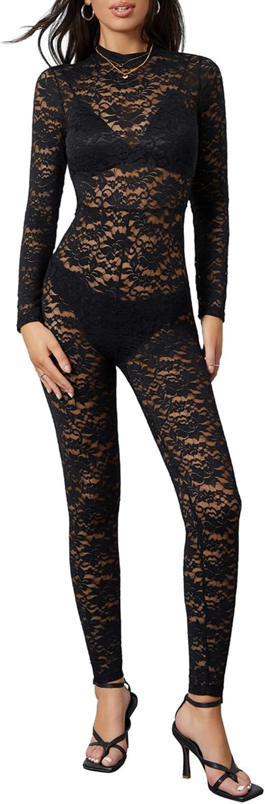Women Sexy Lace Jumpsuit Long Sleeve Mock Neck Mesh Sheer Bodycon Jacquard Playsuit One Piece Rom... | Amazon (US)