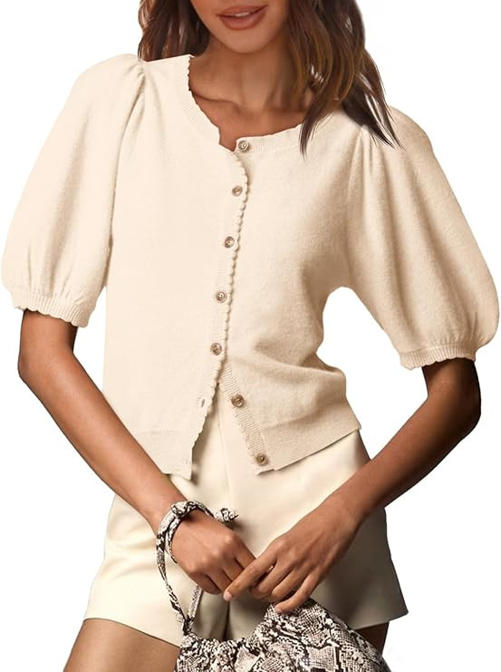 Saodimallsu Womens Puff Short Sleeve Cardigan Lightweight Summer Button Down Shirts Knit Crew Nec... | Amazon (US)