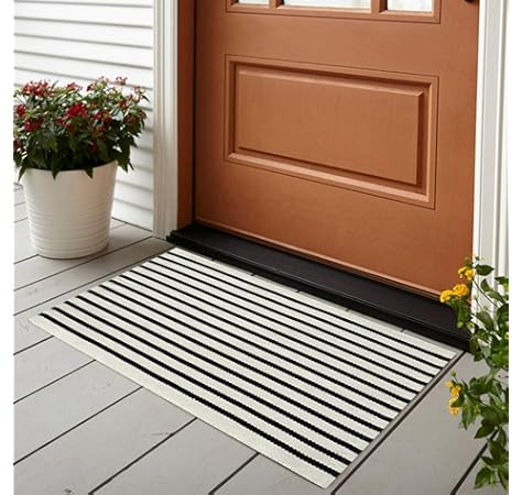 Black Stripe Rug 24'' x 51'', KIMODE Farmhouse Cotton Area Rug Woven Layered Welcome Door Mat, Wa... | Amazon (US)